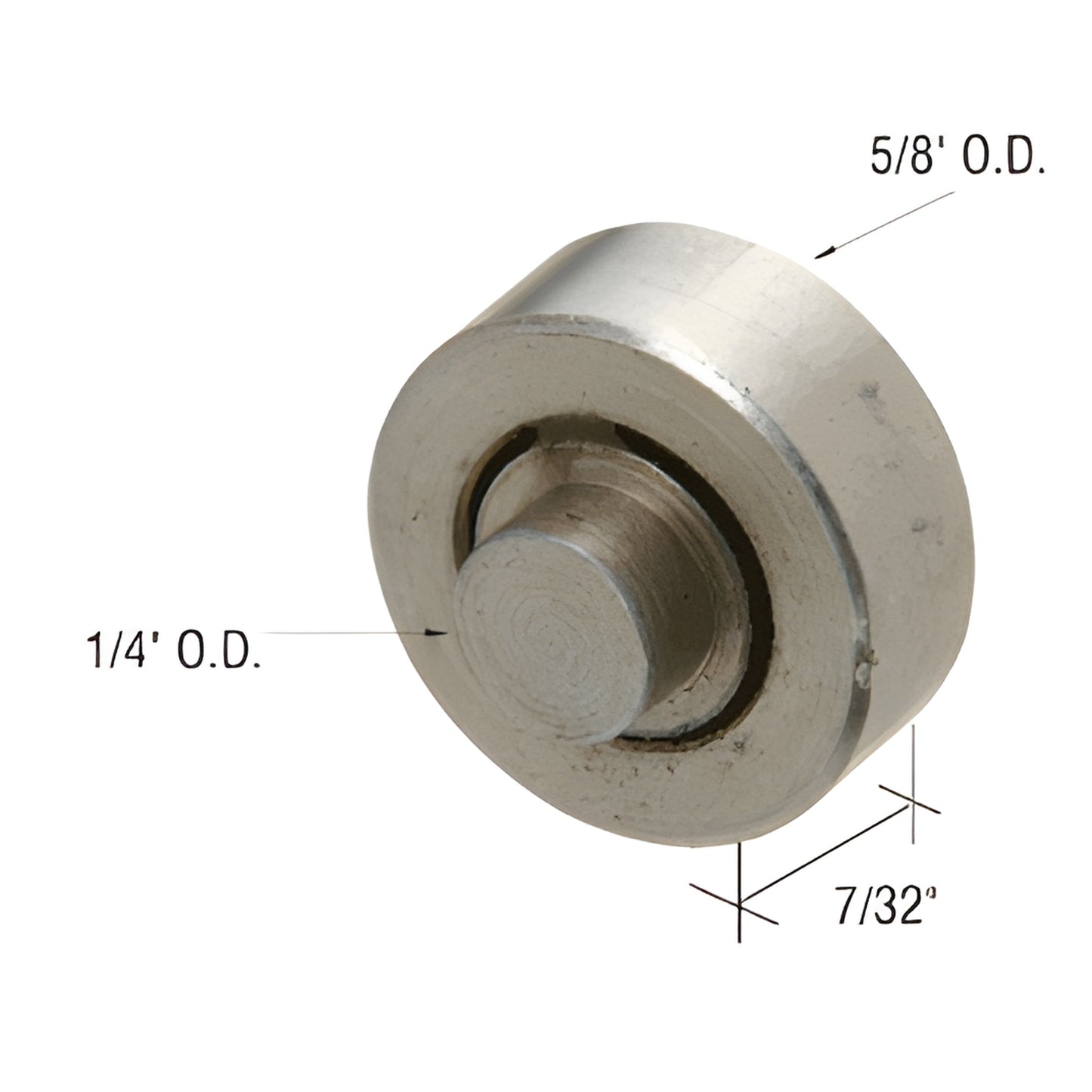 Steel flat replacement roller with built-in 1/4" axle, 5/8" OD, 7/32" width (CRL SKU G3157)