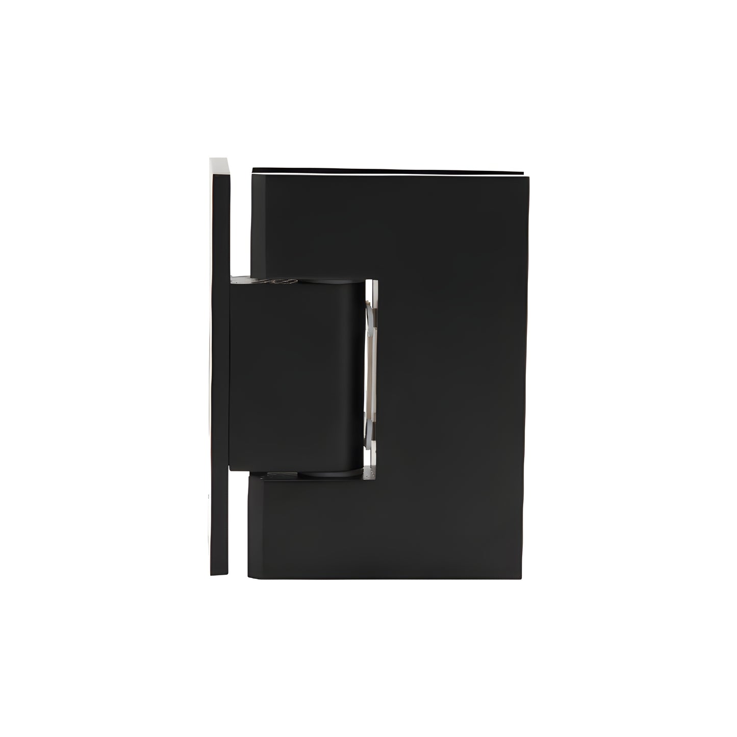 Matte black solid brass frameless shower door hinge (Melbourne MEL044MBL), wall-mount, self-centering, fits 8-12mm glass