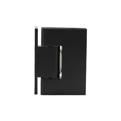 Matte black solid brass frameless shower door hinge (Melbourne MEL044MBL), wall-mount, self-centering, fits 8-12mm glass