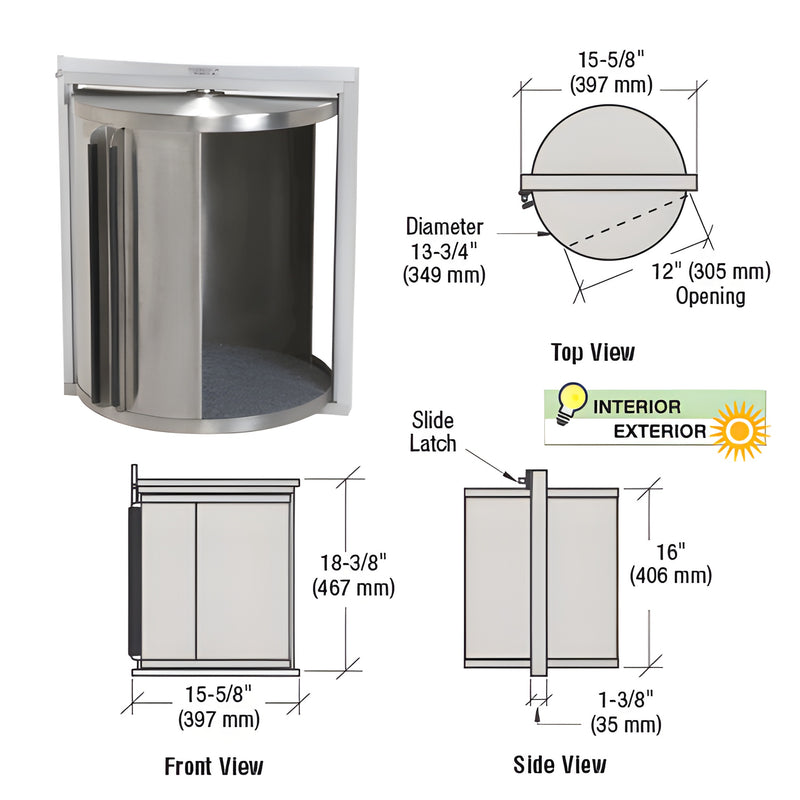 RS200DRUM stainless-steel rotating pass-through drum in satin-anodized aluminum frame with slide latch.