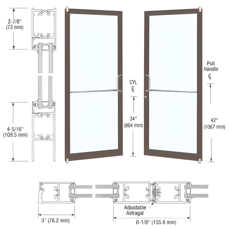 Custom narrow-stile entrance door, Black Bronze Anodized finish, 3" stiles, fits 1" insulated glass unit. SKU 1D22222