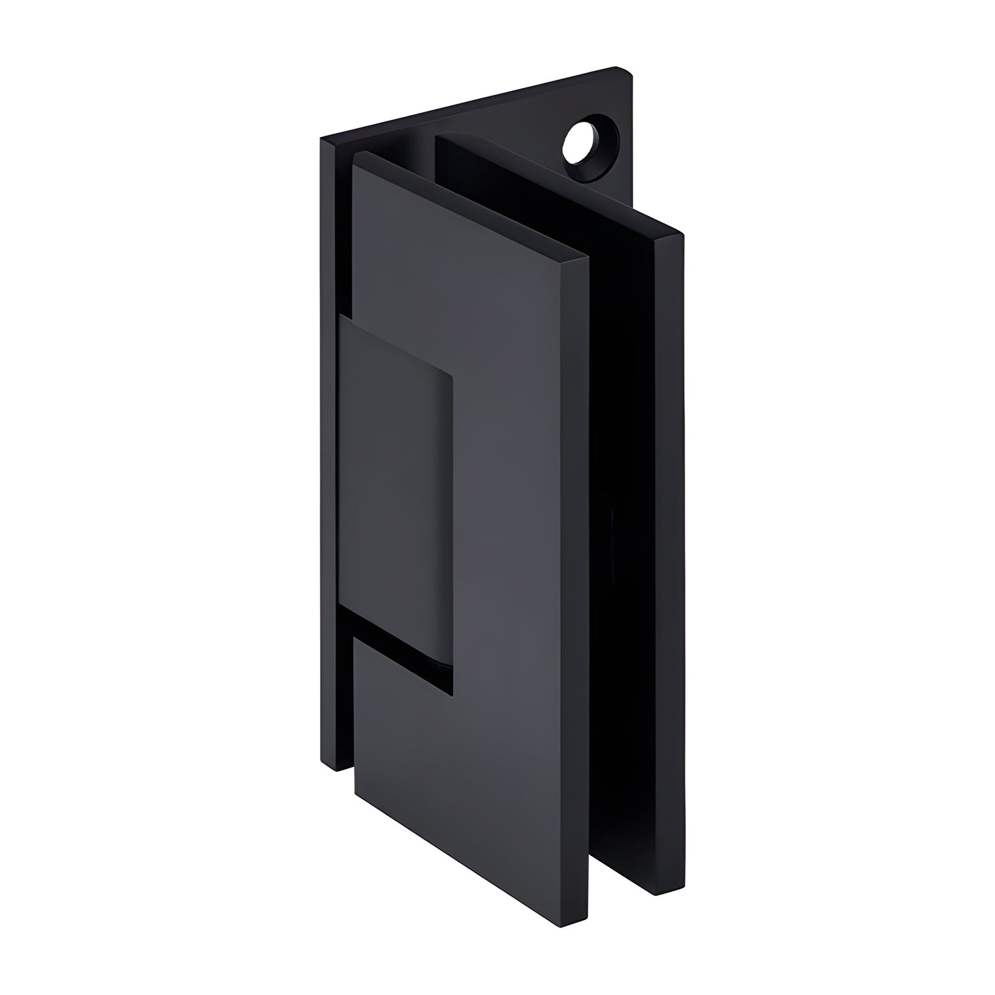 GEN044MBL matte black solid brass Geneva shower door hinge, wall-mount offset back plate for 8-12mm tempered glass.