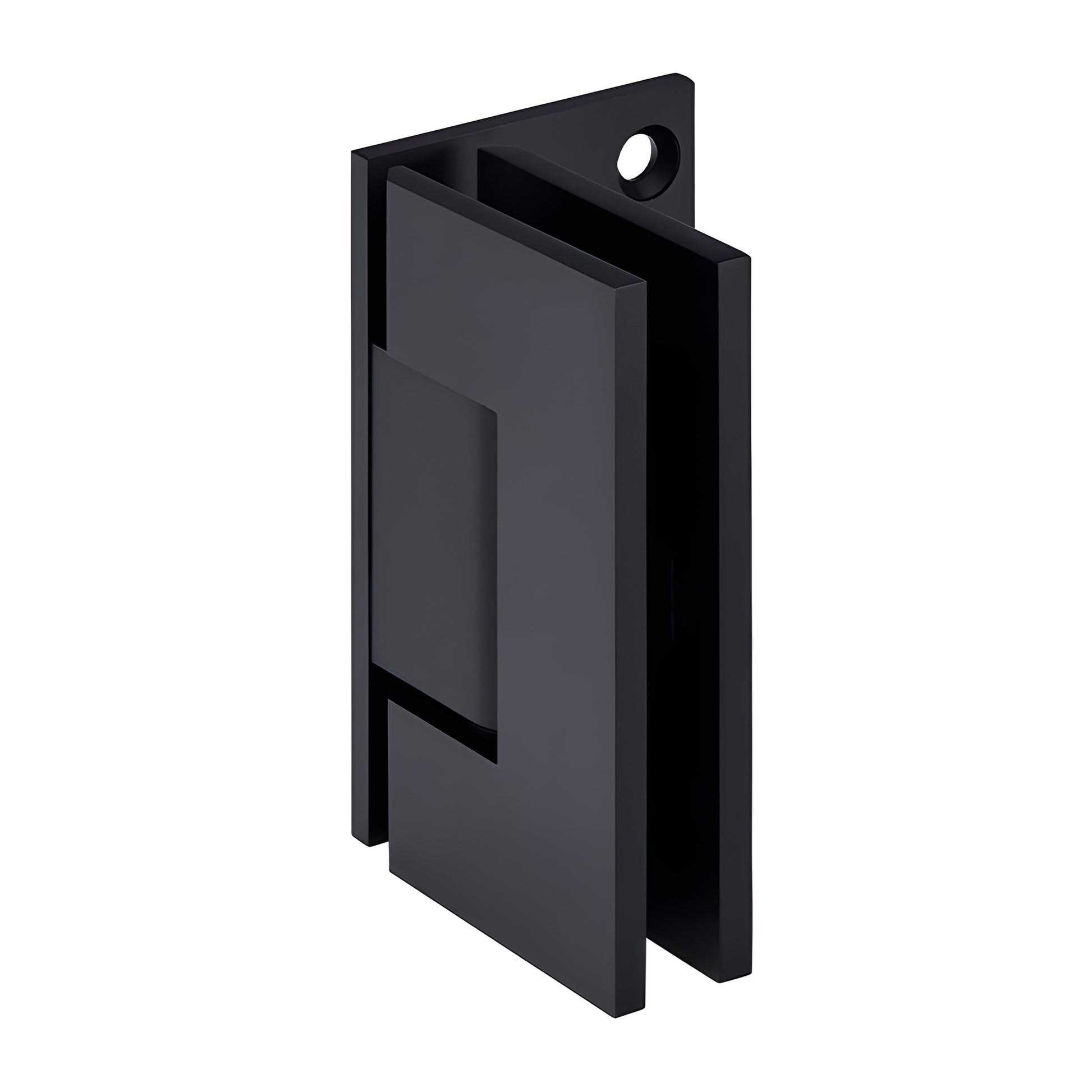 GEN044MBL matte black solid brass Geneva shower door hinge, wall-mount offset back plate for 8-12mm tempered glass.