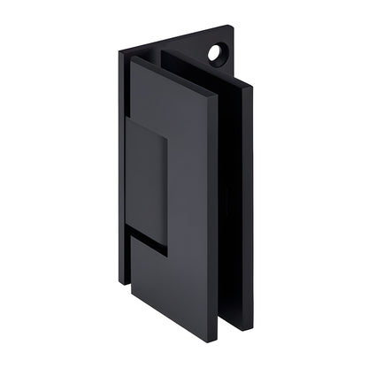 GEN044MBL matte black solid brass Geneva shower door hinge, wall-mount offset back plate for 8-12mm tempered glass.