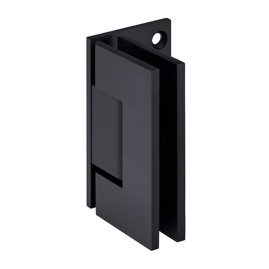 GEN044MBL matte black solid brass Geneva shower door hinge, wall-mount offset back plate for 8-12mm tempered glass.