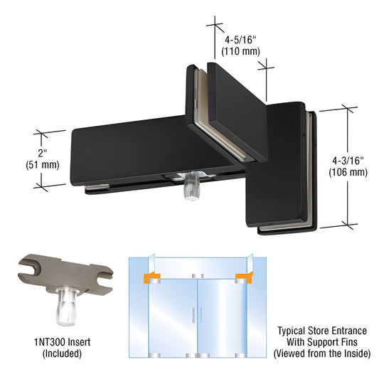 Matte black left-hand sidelite transom patch fitting for 3/4" glass with support fin, SKU PT4134P1VLHMBL