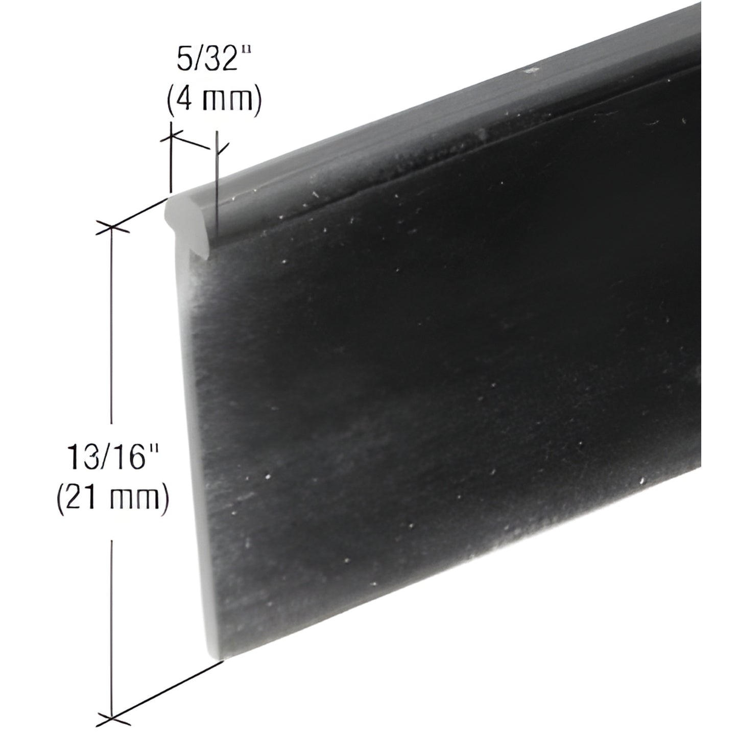 Black T-type vinyl shower door bottom seal (SKU M6230), 13/16" high 5/32" slot, for swinging glass doors, 36" length.