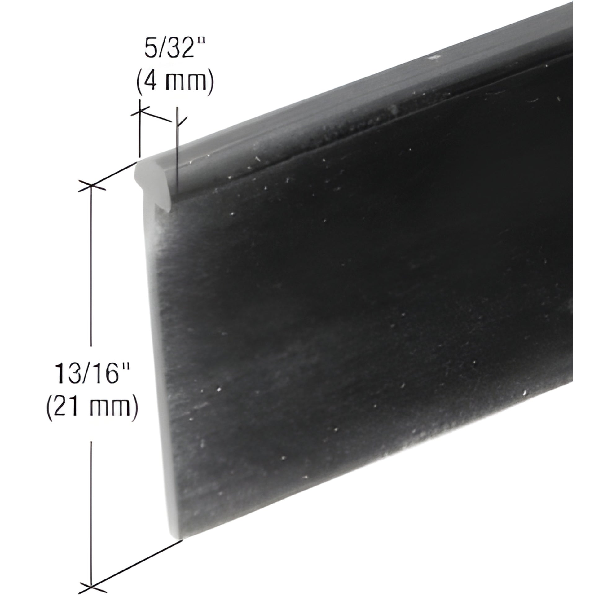 Black T-type vinyl shower door bottom seal (SKU M6230), 13/16" high 5/32" slot, for swinging glass doors, 36" length.