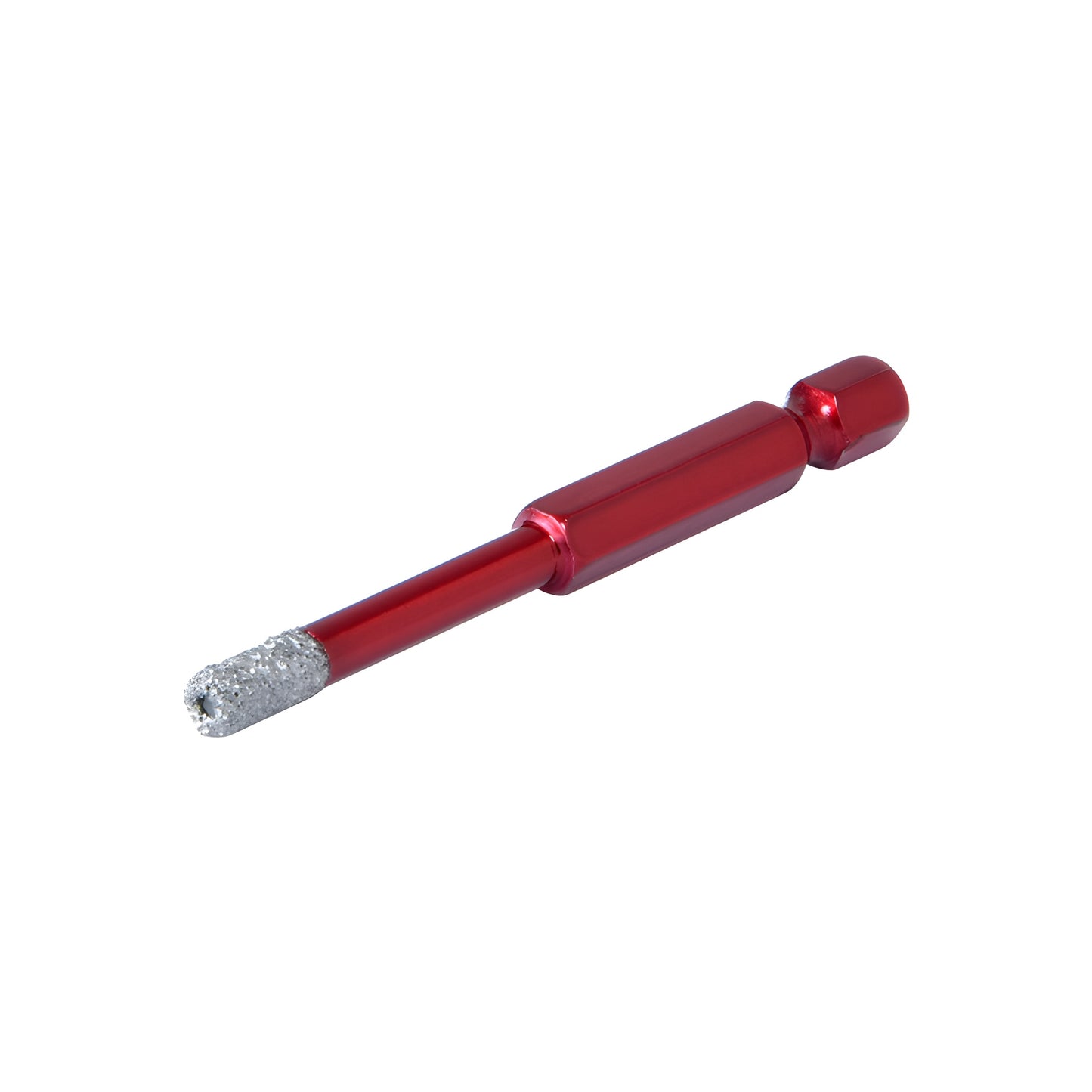 Red vacuum-brazed dry core drill bit with silver abrasive tip and quick-change hex shank, SKU QCS5MM, 67mm.