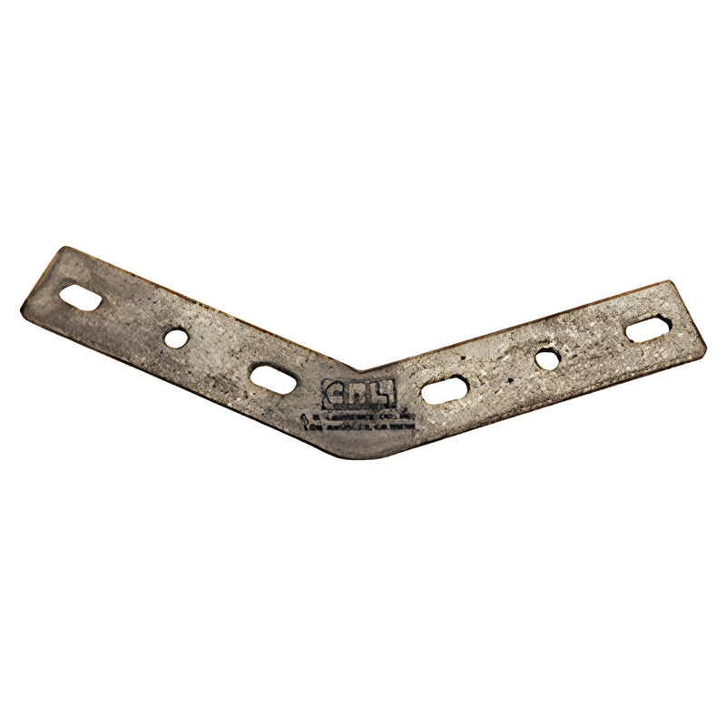 Aluminum 135 Deluxe Header corner bracket CD395, V-shaped with slotted screw holes and brushed metal finish.