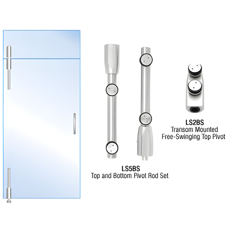 LS24BS Laguna brushed stainless steel pivot hardware set for 3/8-1/2 tempered glass doors (transom top and pivot rods)