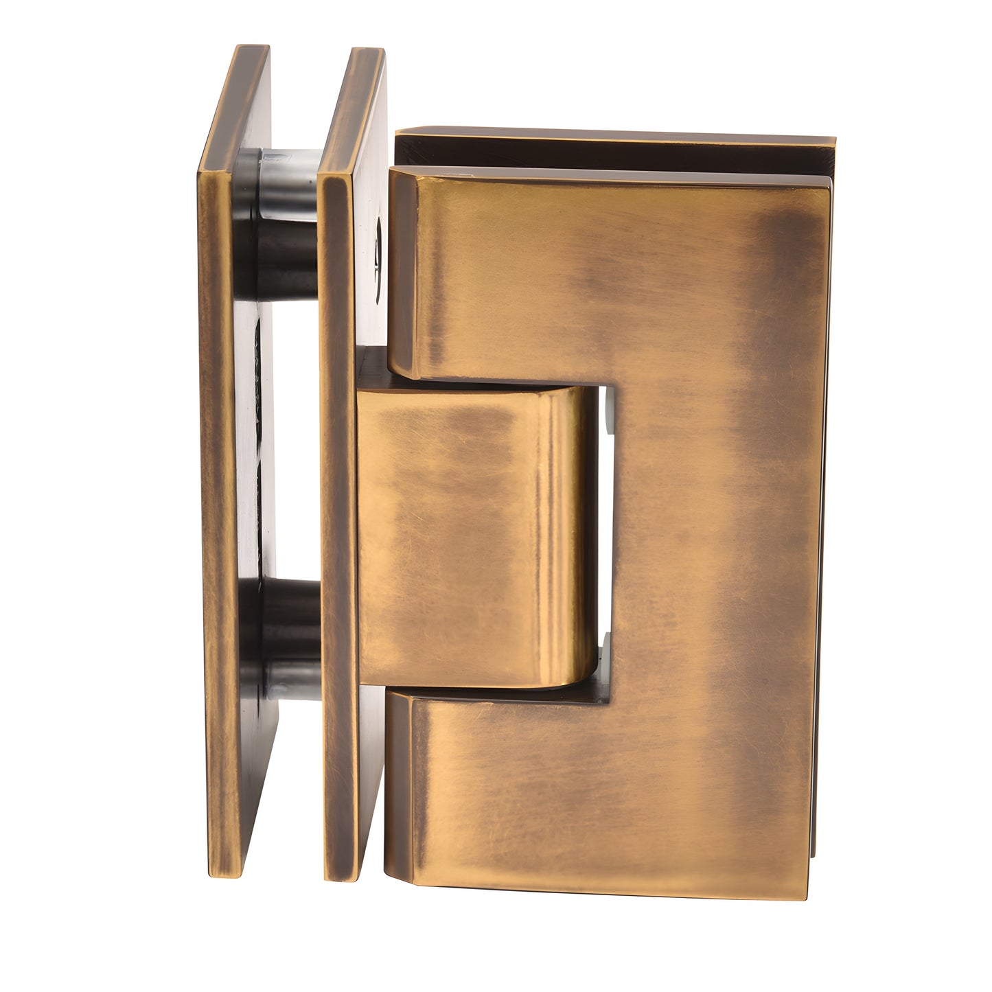 Vienna square-profile glass-to-glass shower hinge in vintage brass, SKU V1E092VBR
