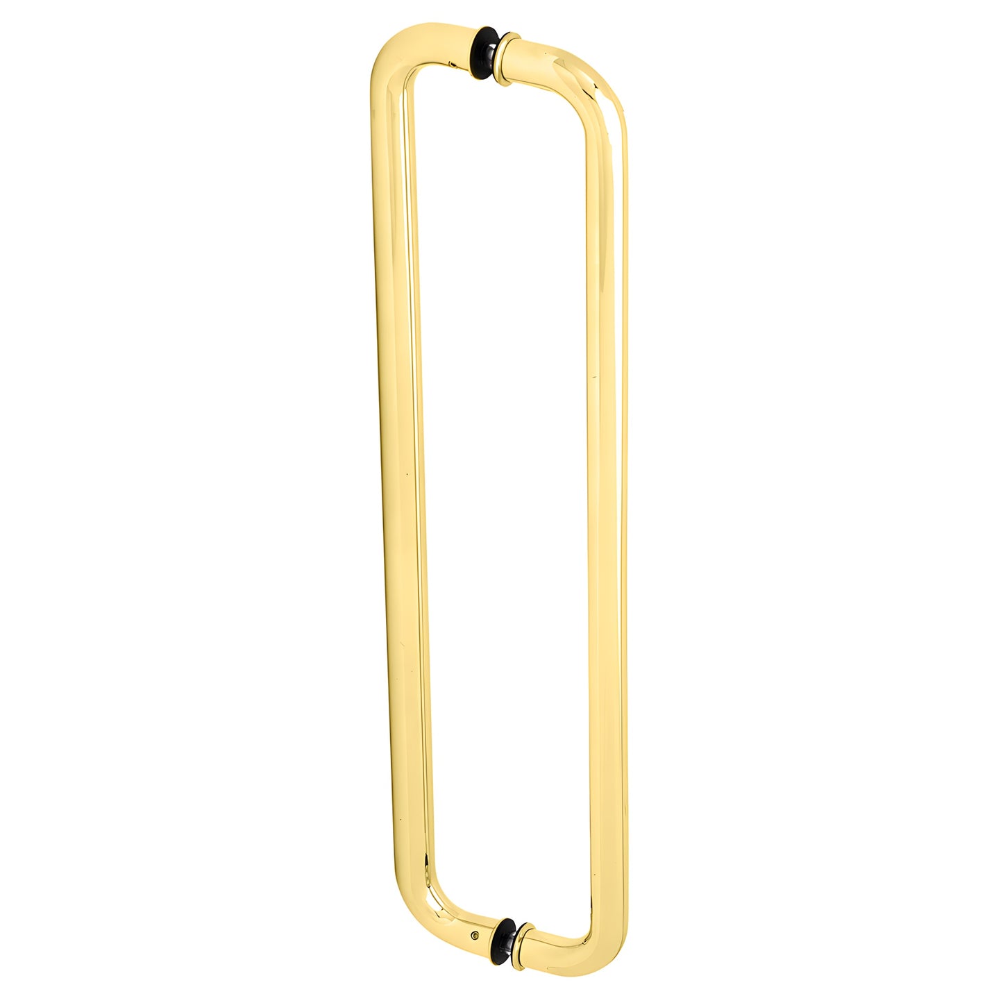 Polished brass 24" center glass-mounted pull handle, 1" tube, back-to-back mount with matching washers.