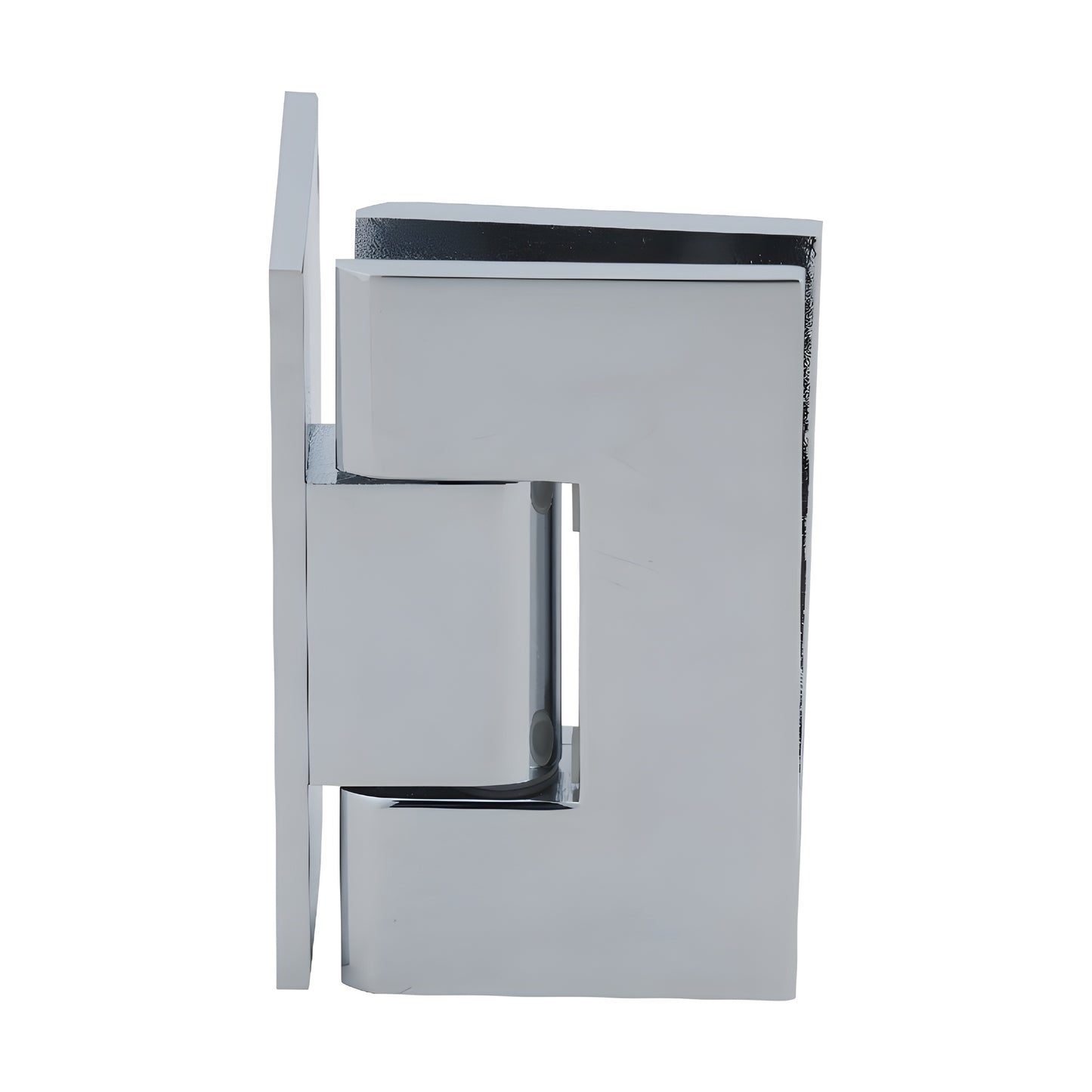 Polished chrome Vienna solid-brass shower hinge for 3/8-1/2" glass, square wall-mount design, SKU V1E044CH