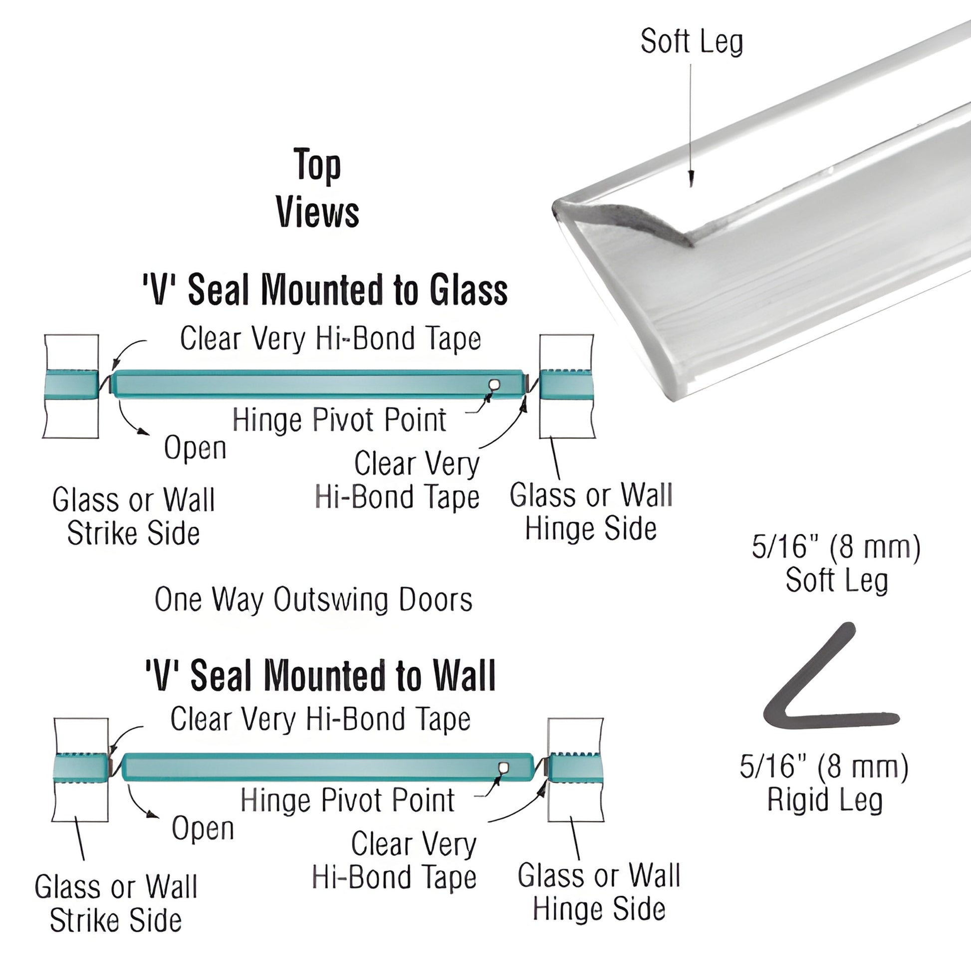 Clear translucent V-seal vinyl door sweep (SKU SDTS), 95" long, 5/16" leg, seals 3/16-1/4" gaps for one-way glass doors.