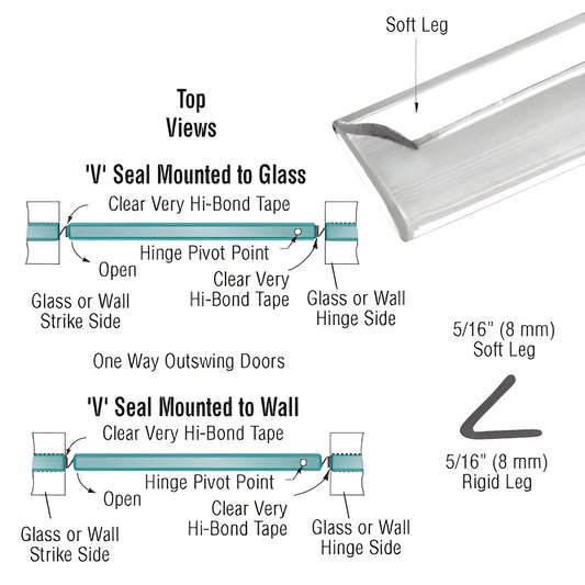 Clear translucent V-seal vinyl door sweep (SKU SDTS), 95" long, 5/16" leg, seals 3/16-1/4" gaps for one-way glass doors.