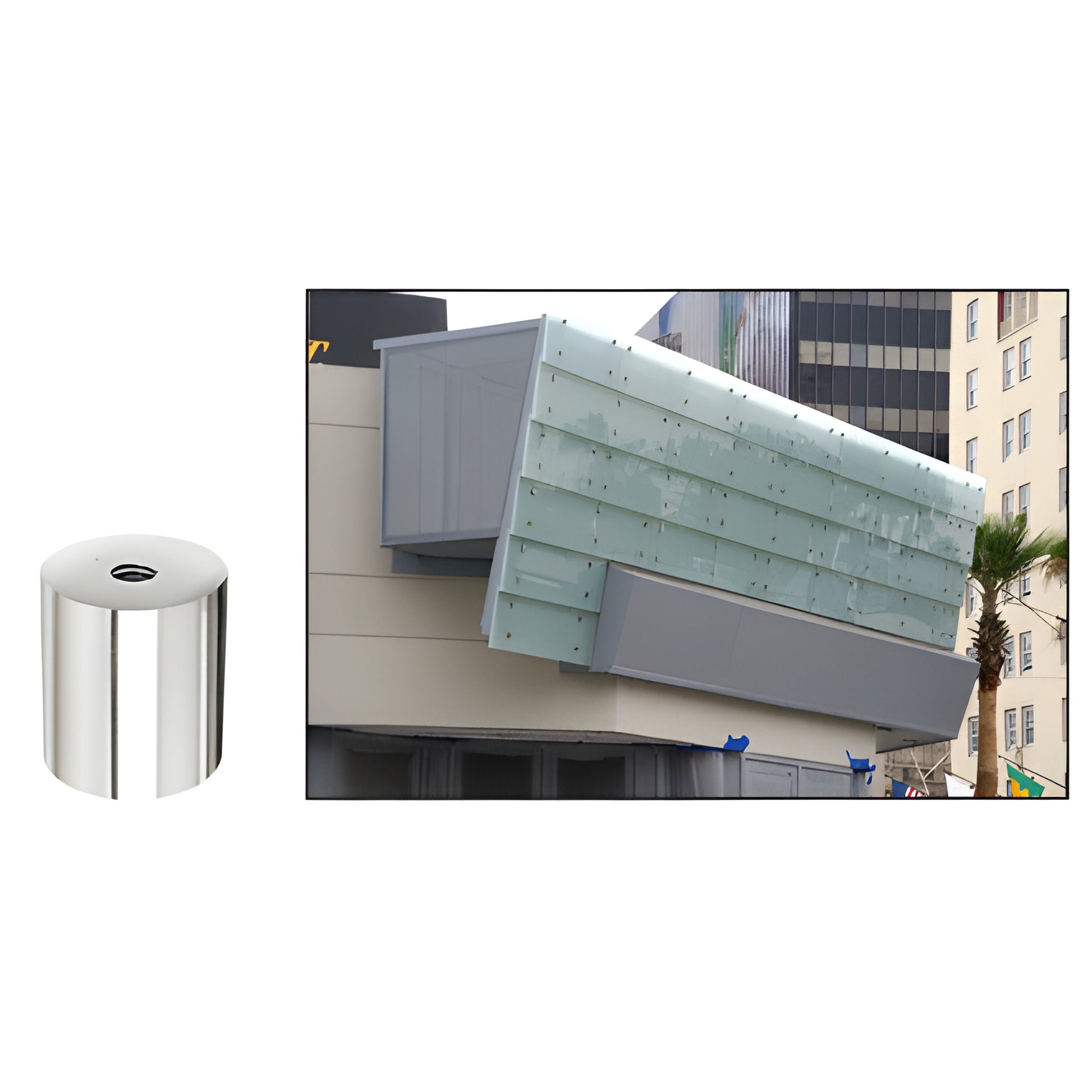 Polished 1-1/2" 316 stainless steel standoff cap (3/8-16) with retail glass-panel mounting example.