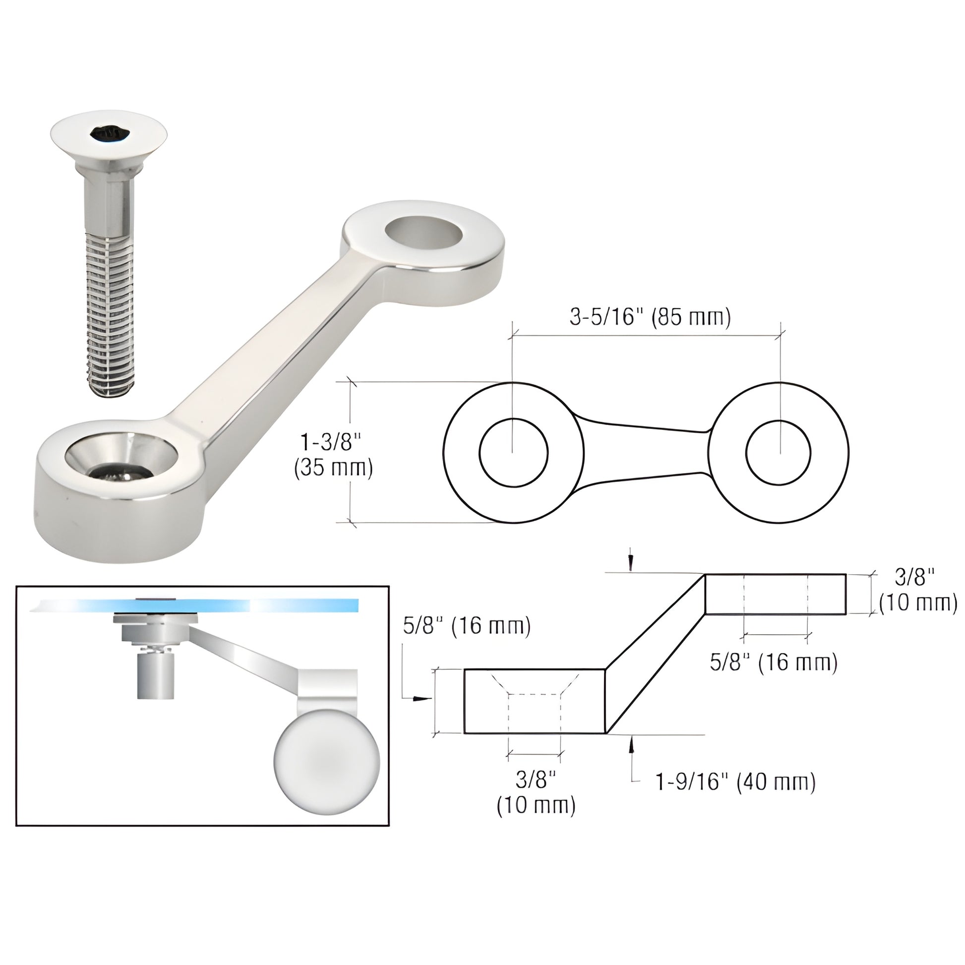 CRL stainless steel post-mount fitting GRP1LPS - longer arm for single glass panel; includes 3/8"-16 x 2" stud.