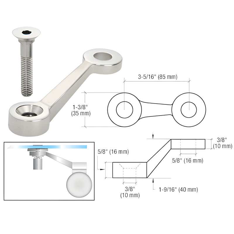 CRL stainless steel post-mount fitting GRP1LPS - longer arm for single glass panel; includes 3/8"-16 x 2" stud.