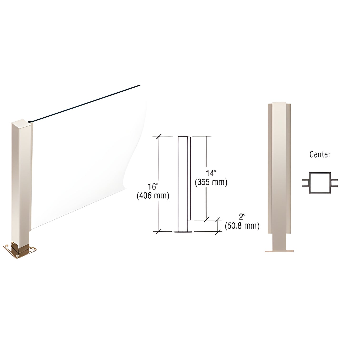 PP41CPS: Polished stainless 16" square center-post with flat cap, welded base and 1/4" U-channel for glass.