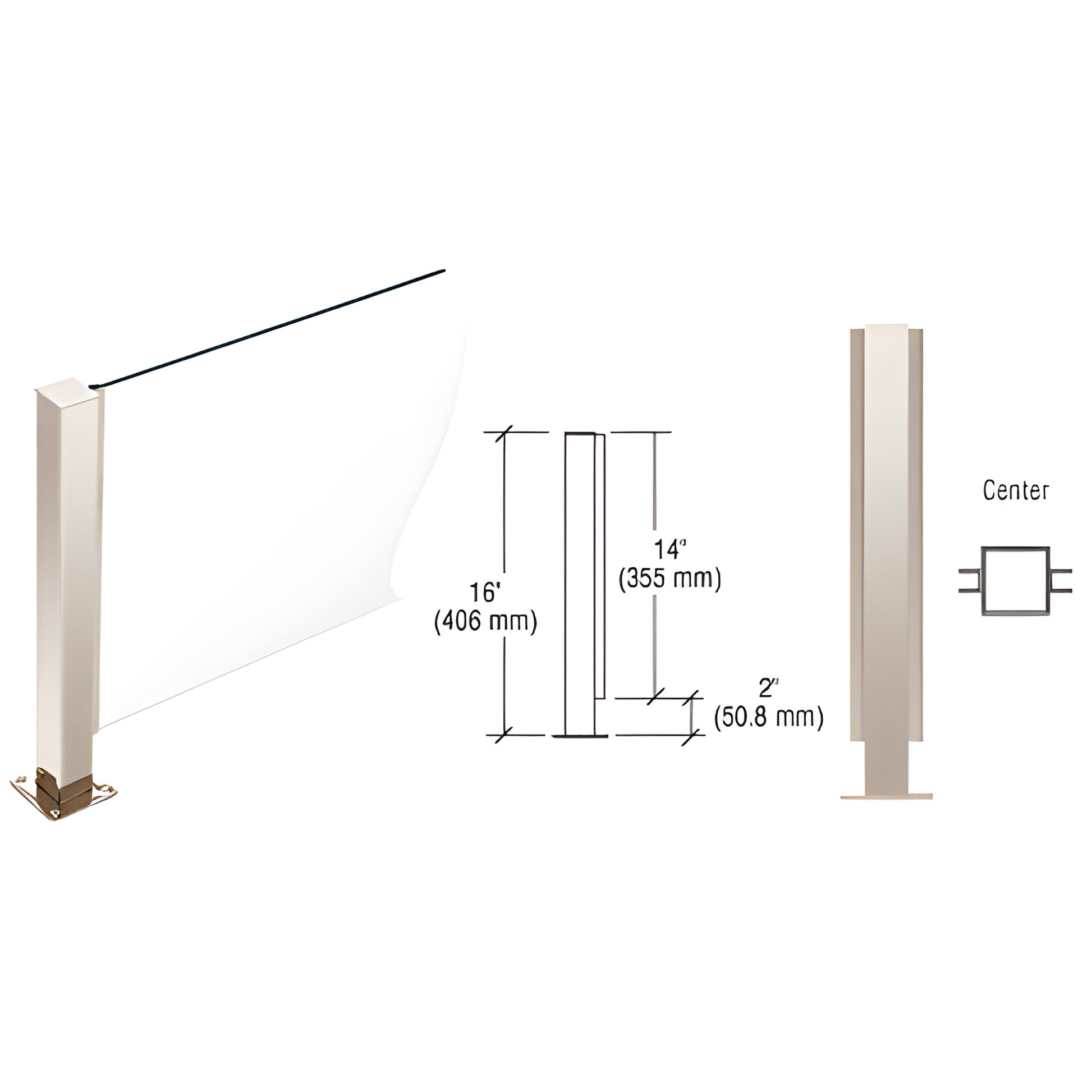 PP41CPS: Polished stainless 16" square center-post with flat cap, welded base and 1/4" U-channel for glass.