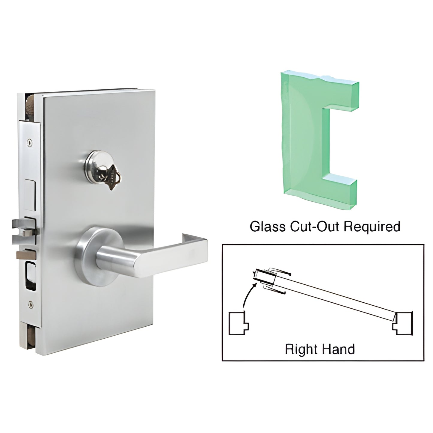 Satin anodized 6x10 center lock DL610RESC for 1/2 in tempered glass, right-hand lever deadlatch, glass cut-out required