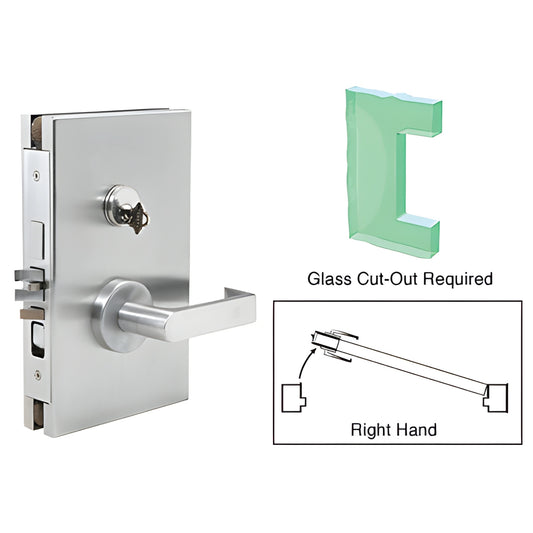Satin anodized 6x10 center lock DL610RESC for 1/2 in tempered glass, right-hand lever deadlatch, glass cut-out required