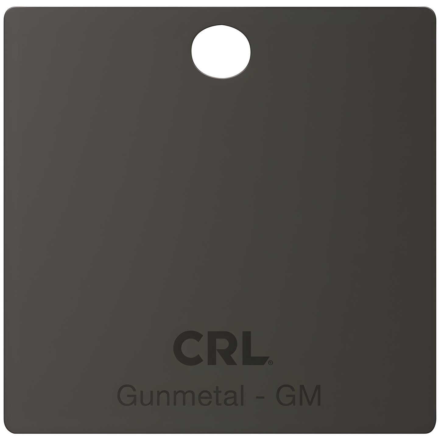 Gunmetal brass finish sample chip CH2PGM - square swatch with hang hole and CRL logo