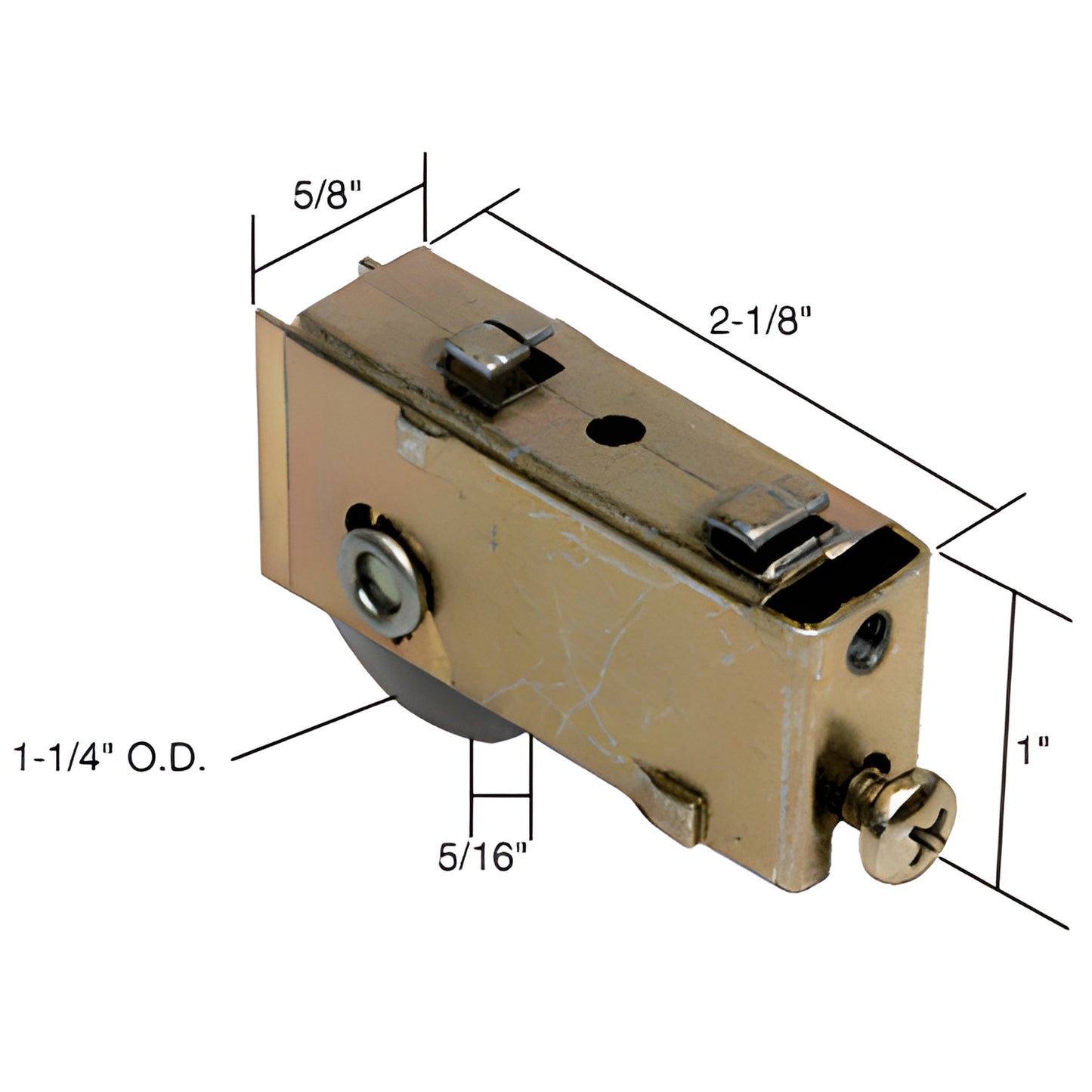 D1785 adjustable steel sliding glass door roller assembly with 1-1/4 in concave roller, 5/8 in housing, 2-1/8 in length