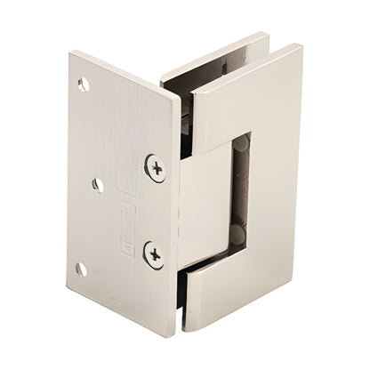 Polished nickel Vienna squared hinge for frameless shower doors, wall mount offset back plate, fits 3/8-1/2 glass.