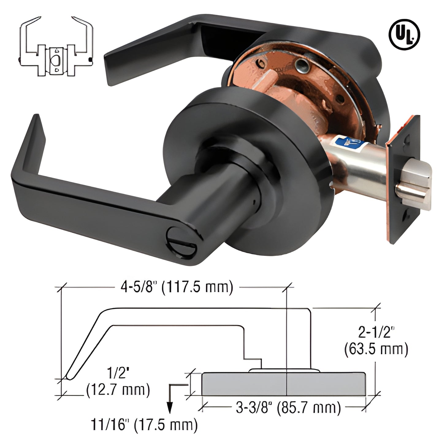 Matte black commercial Grade 1 privacy lever lockset (SKU D30PRVMBL), UL-listed, 3-hour fire rated.
