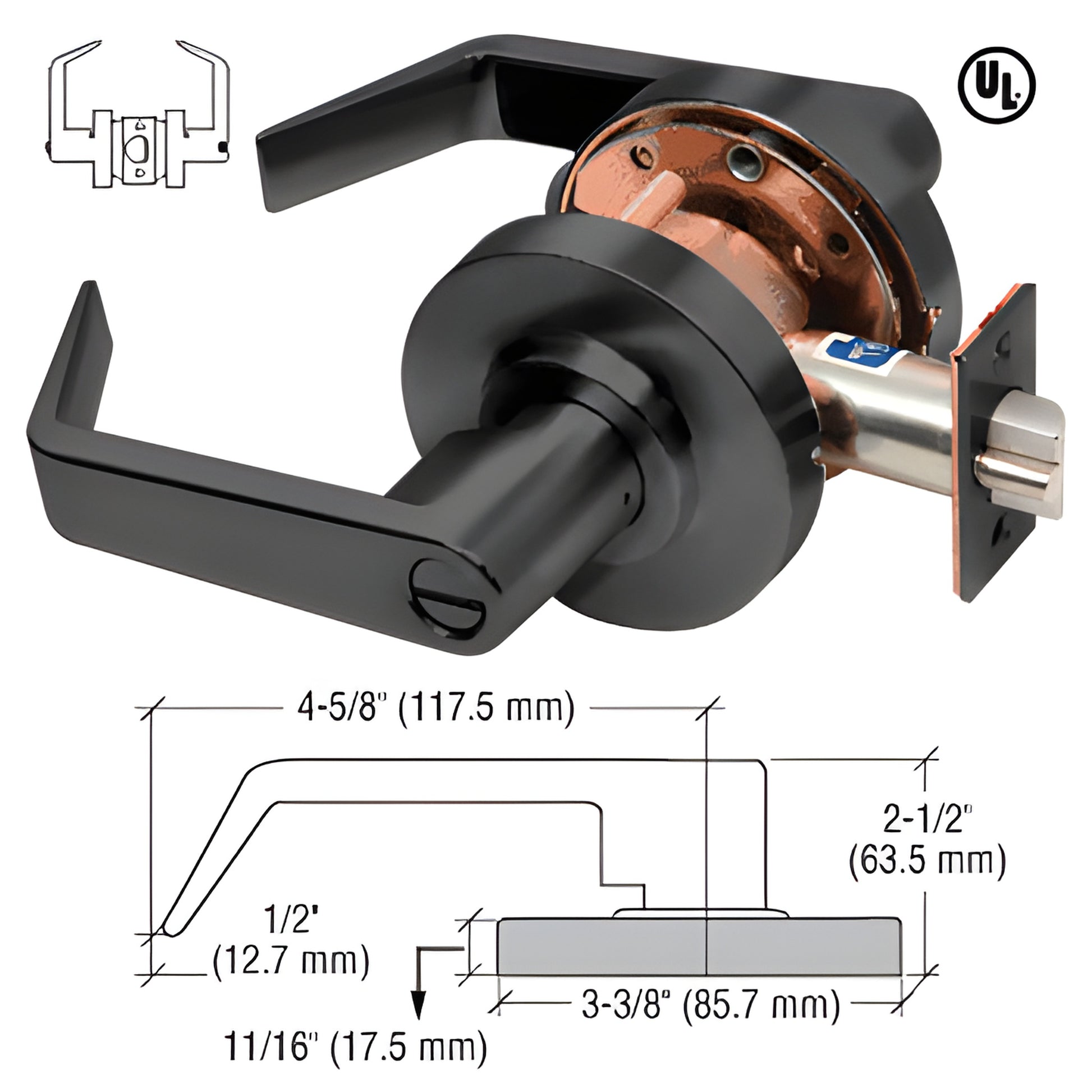 Matte black commercial Grade 1 privacy lever lockset (SKU D30PRVMBL), UL-listed, 3-hour fire rated.