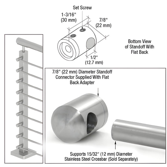 Brushed stainless steel flat-back standoff connector (7/8" dia) for 12mm crossbar, slip-fit surface mount.