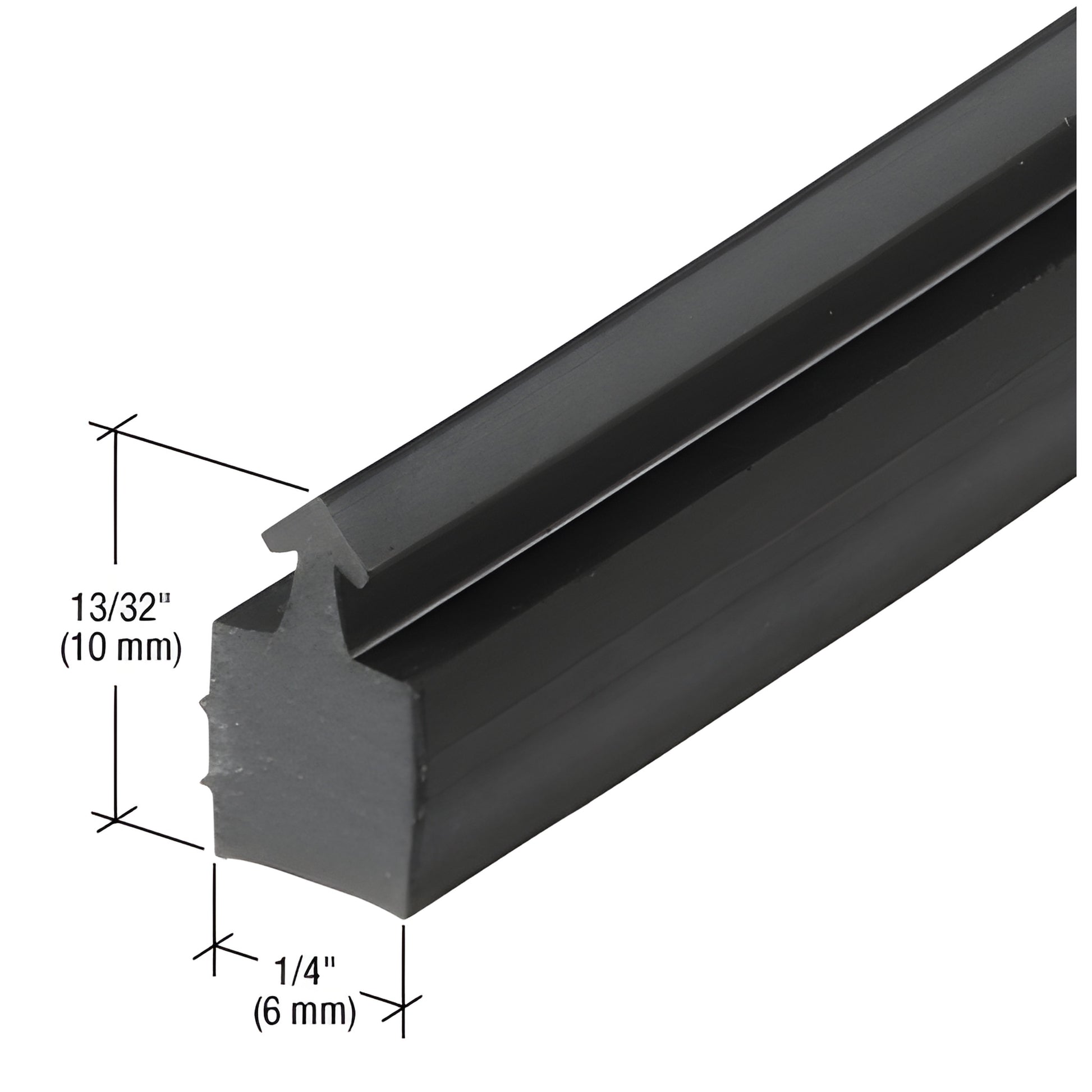 Black silicone spacer gasket profile showing cross-section (13/32 x 1/4 in), fits 1/4-2 in glazing. SKU SP250