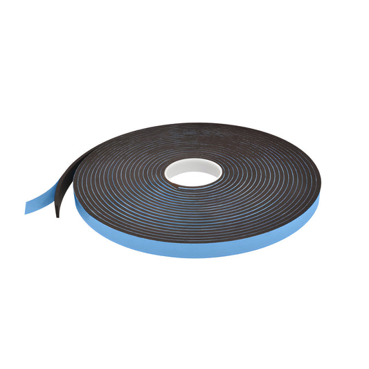 Black closed-cell foam glazing tape roll with blue liner, 3/4" x 50 ft (6mm), adhesive on one side