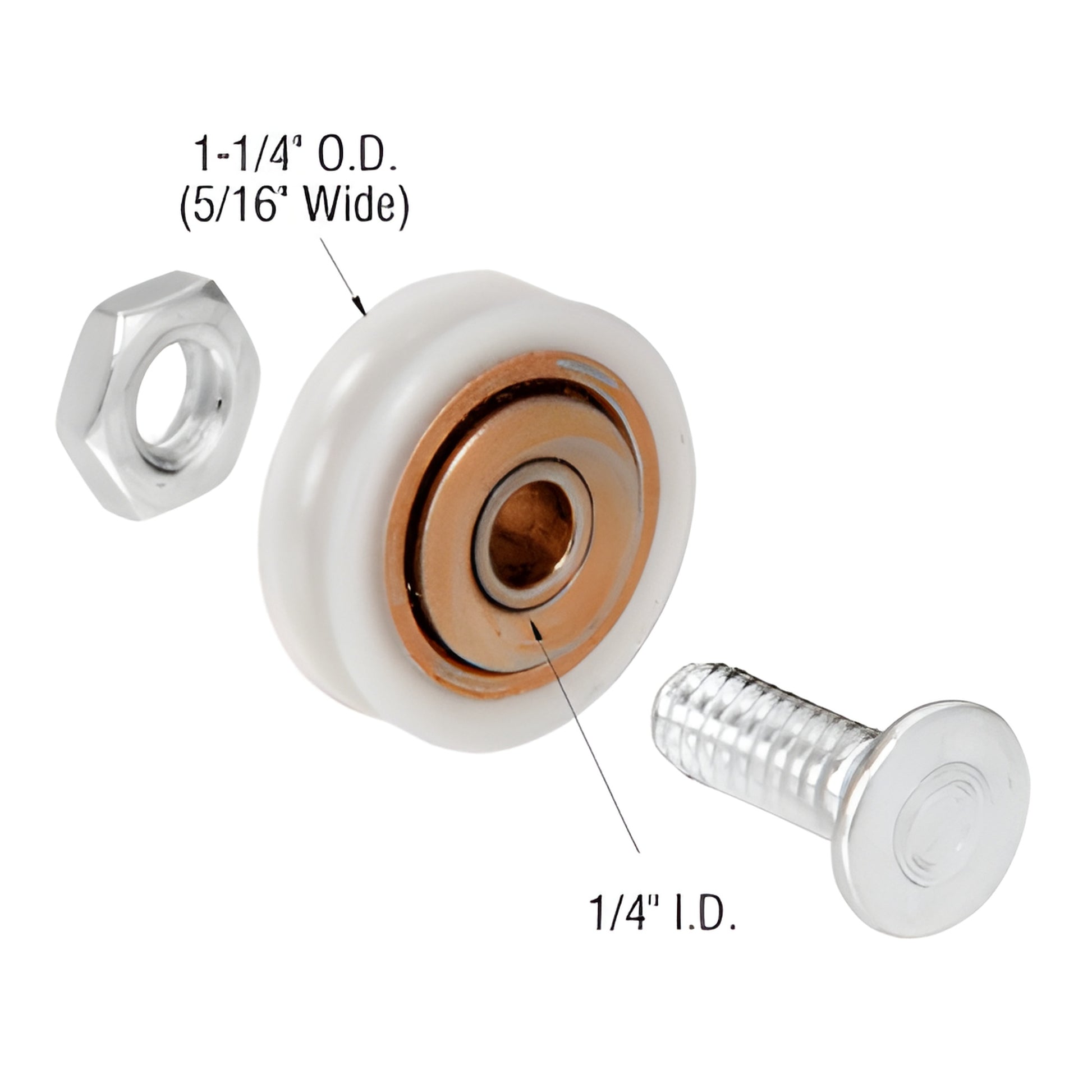 D1504 nylon center-groove roller (1-1/4" OD, 1/4" ID, 5/16" wide) with carriage bolt and nut