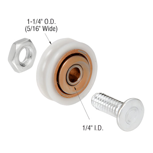D1504 nylon center-groove roller (1-1/4" OD, 1/4" ID, 5/16" wide) with carriage bolt and nut