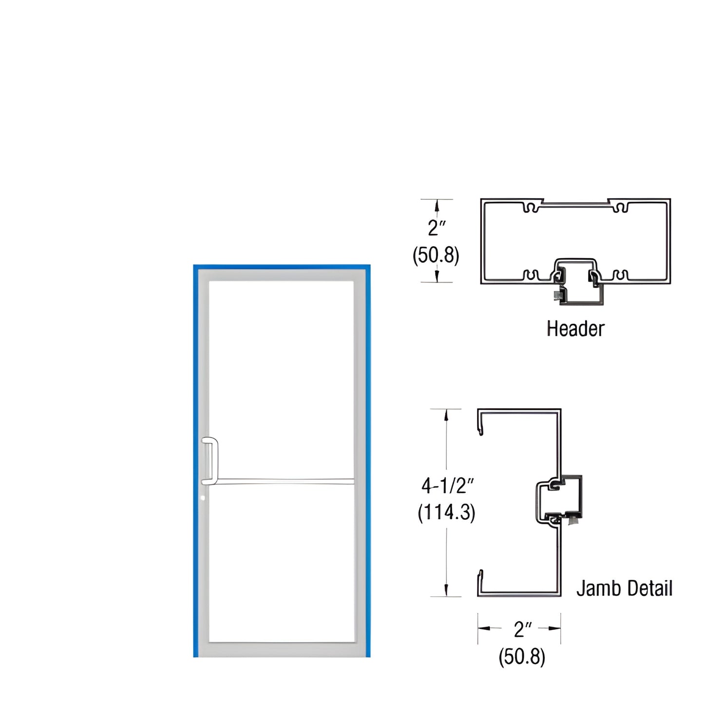 Clear anodized aluminum 2" x 4-1/2" butt-hinge up-and-over door frame with open back jambs and threshold, SKU 0B71511