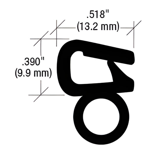 Black vinyl edge-trim gasket profile with neoprene sponge seal and segmented steel core; 3/8 in (10 mm) width, .518"/.390" di
