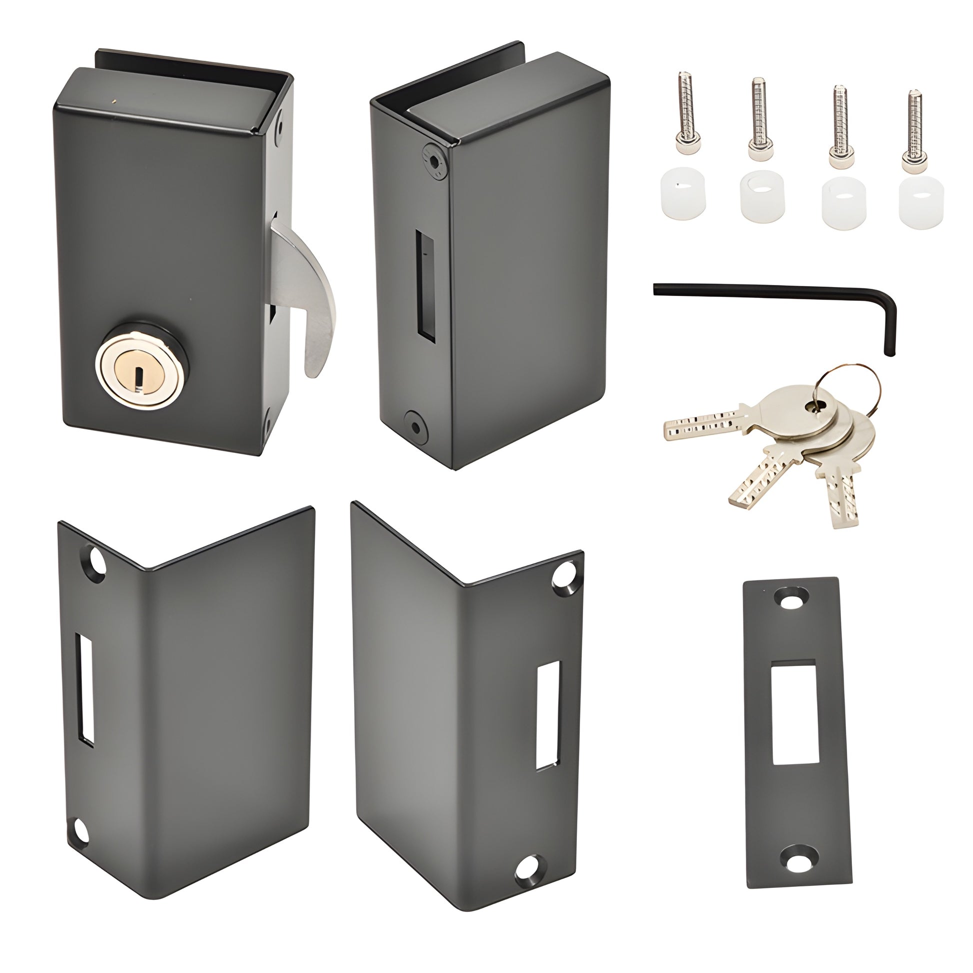 Matte black glue fix sliding glass door lock kit with latch, keepers, strike, keys, screws and hex key for 3/8 or 1/2 glass