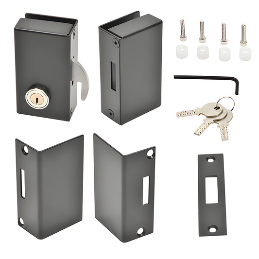 Matte black glue fix sliding glass door lock kit with latch, keepers, strike, keys, screws and hex key for 3/8 or 1/2 glass