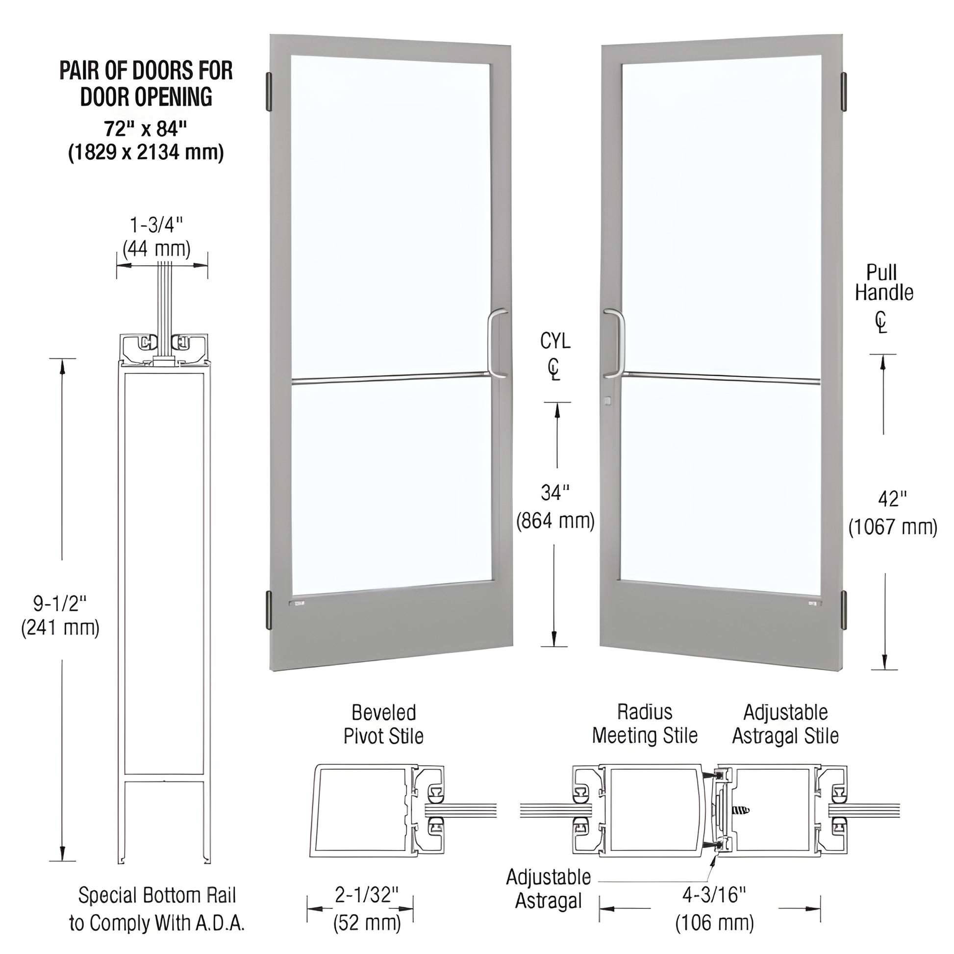 Pair of clear anodized narrow-stile commercial doors with glass panels and ADA 9-1/2" bottom rail. SKU CD22511