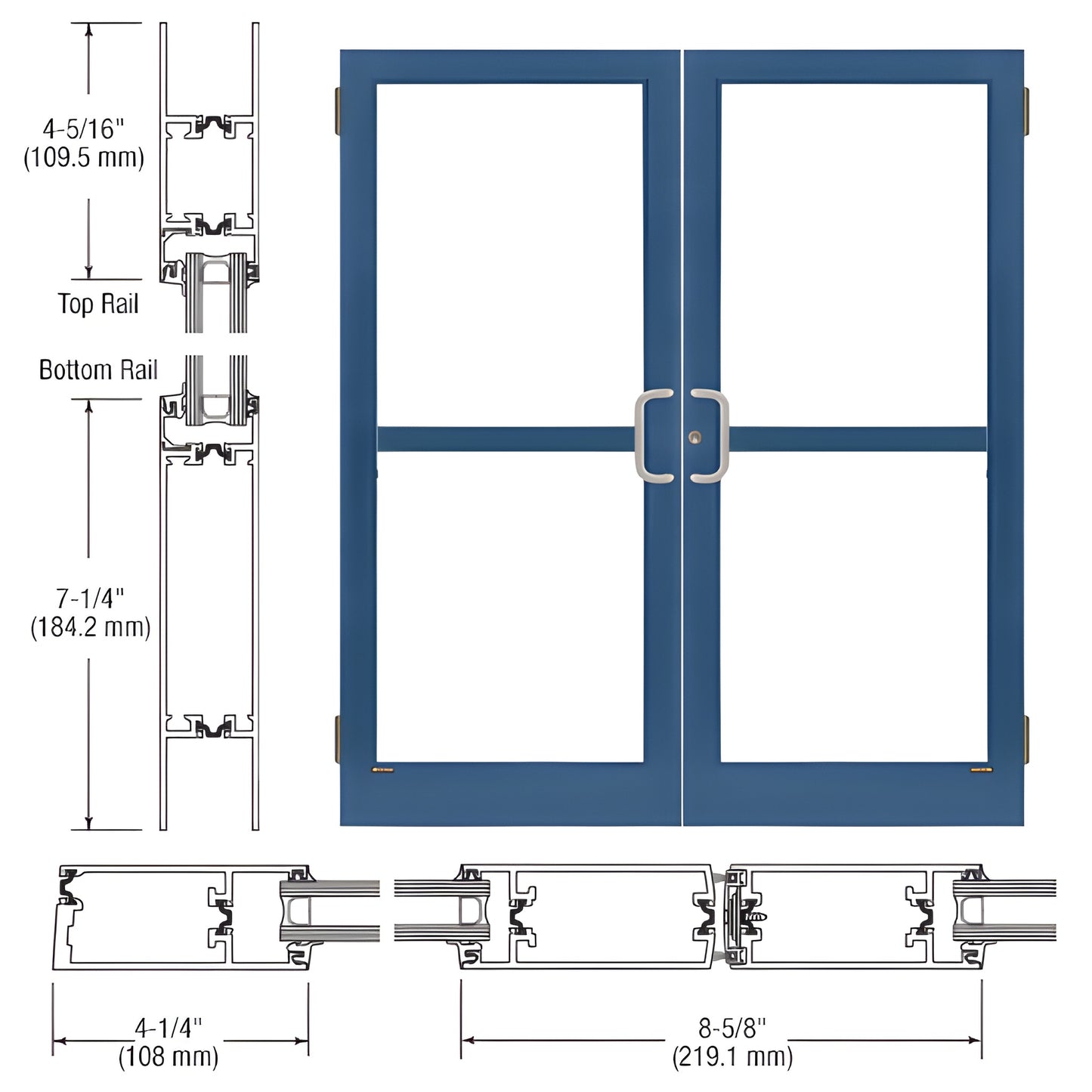 Blue CRL custom medium-stile double entrance door with horizontal midrail, 4-1/4" stiles. SKU 1Z42571