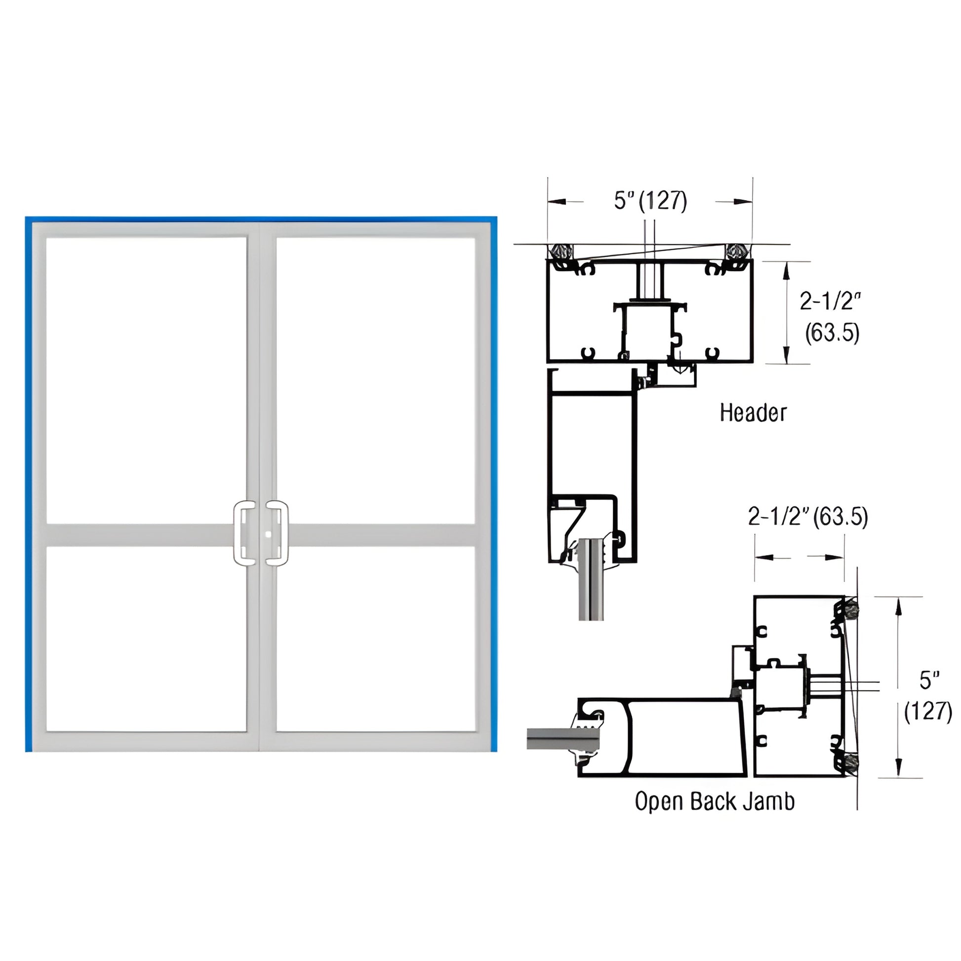 Custom Kynar impact-rated paired double door frame with center mull, surface-mount closer prep - SKU 0P42871