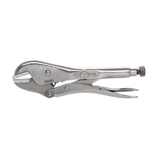 Nickel-plated 10in straight-jaw locking pliers (SKU 10R) with adjustable screw and quick-release lever