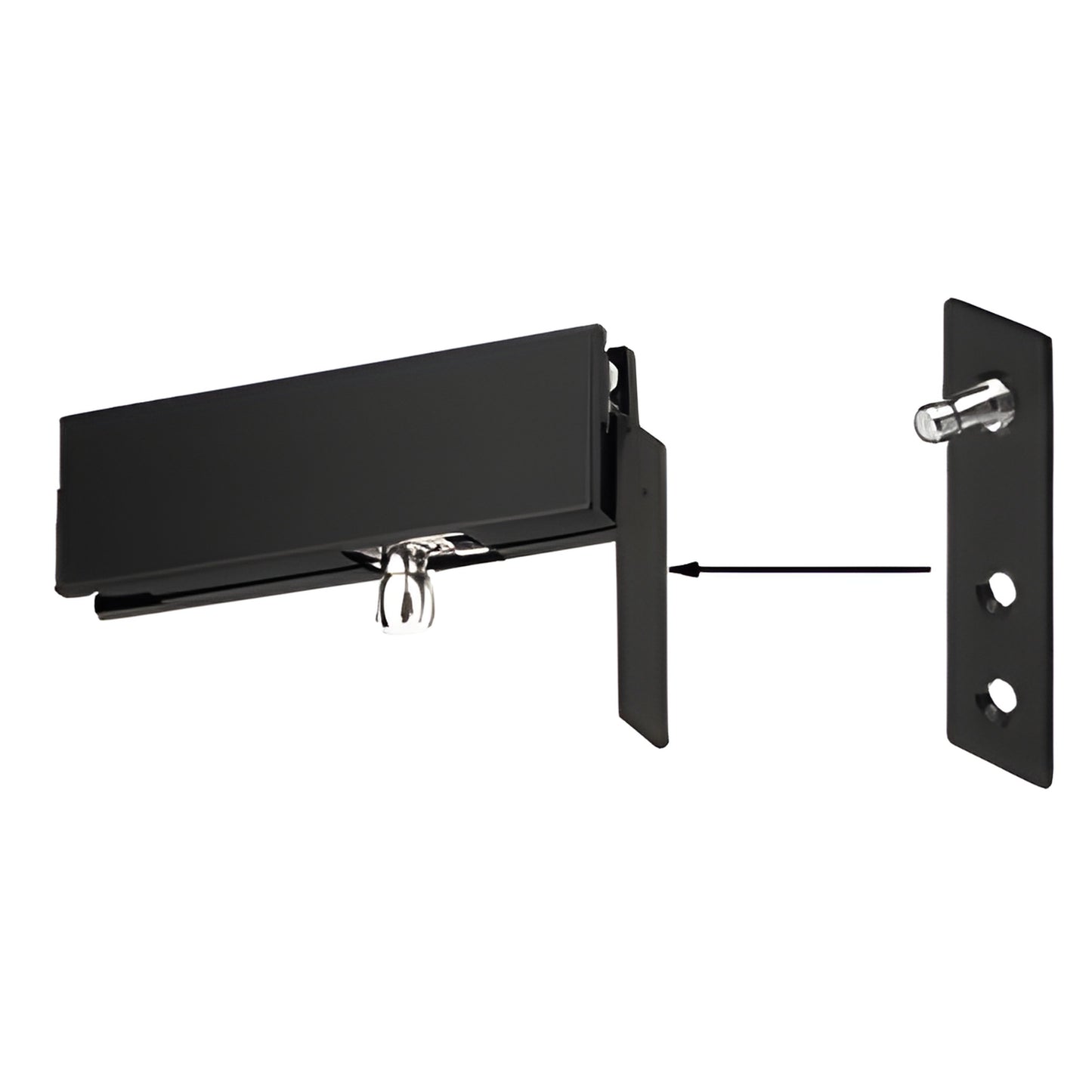 Matte black transom patch wall bracket (SKU 1NT340MBL) with mounting plate, concealed hinge connection.