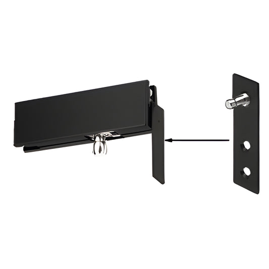 Matte black transom patch wall bracket (SKU 1NT340MBL) with mounting plate, concealed hinge connection.