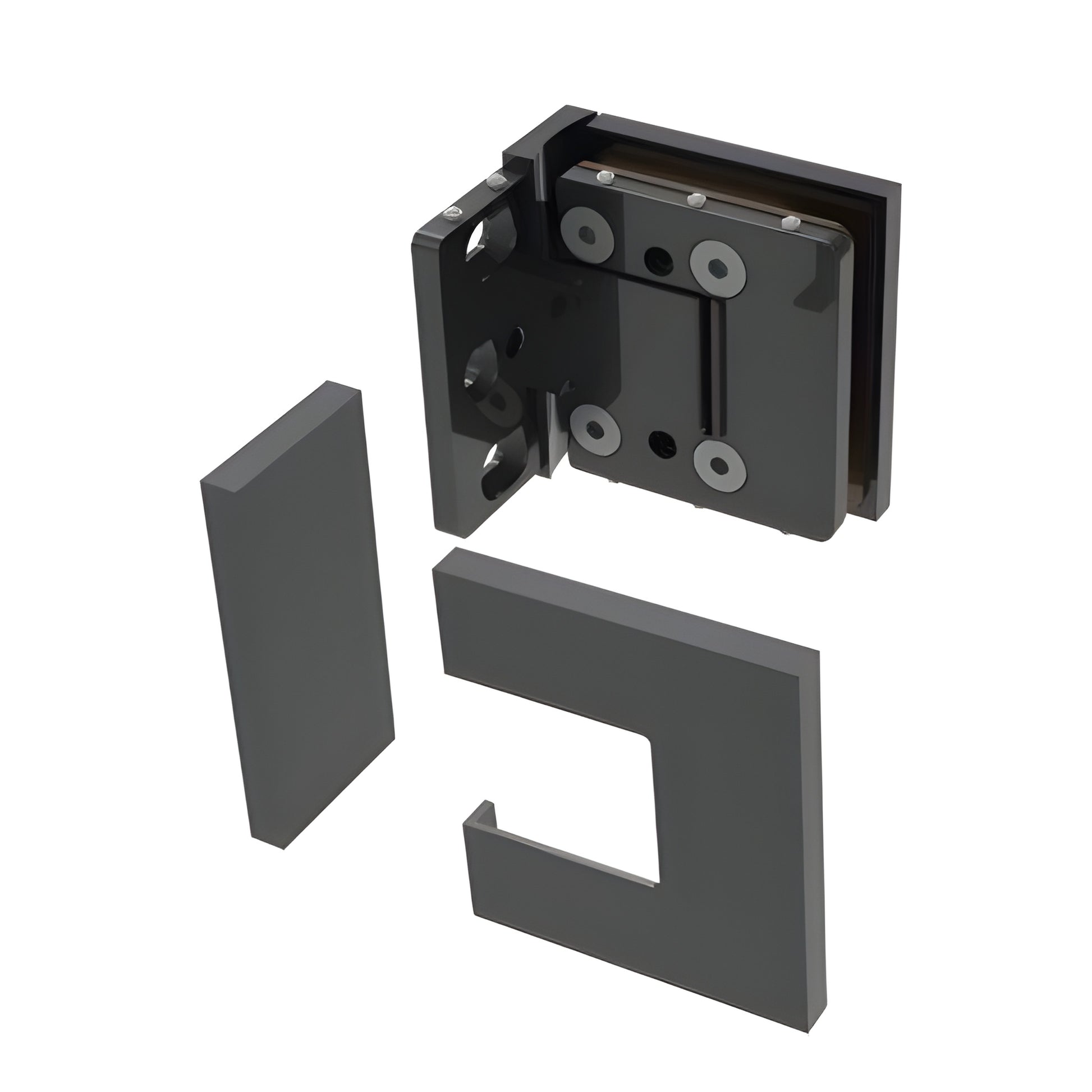 BEL344MBL matte black Bellagio concealed square hinge for frameless glass shower doors, 8-10mm glass, wall-mount.