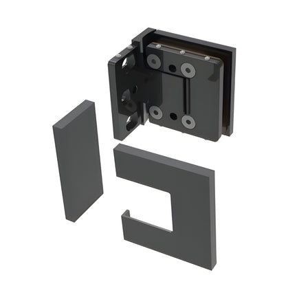 BEL344MBL matte black Bellagio concealed square hinge for frameless glass shower doors, 8-10mm glass, wall-mount.