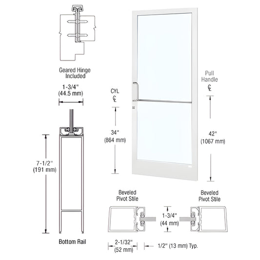 White narrow-stile commercial entrance door with glass, 2" stiles, 7-1/2" bottom rail, ADA option, SKU HE21852.